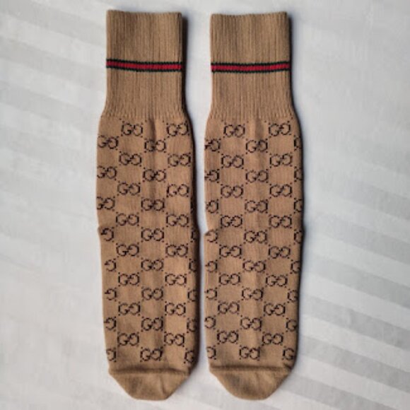 GUCCI | Web Stripe Camel Brown GG Logo Jacquard Knit Calf Socks Unisex Pre-Owned - Picture 10 of 11